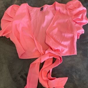 SHEIN Pink Ruffled Tie-Front Crop Blouse